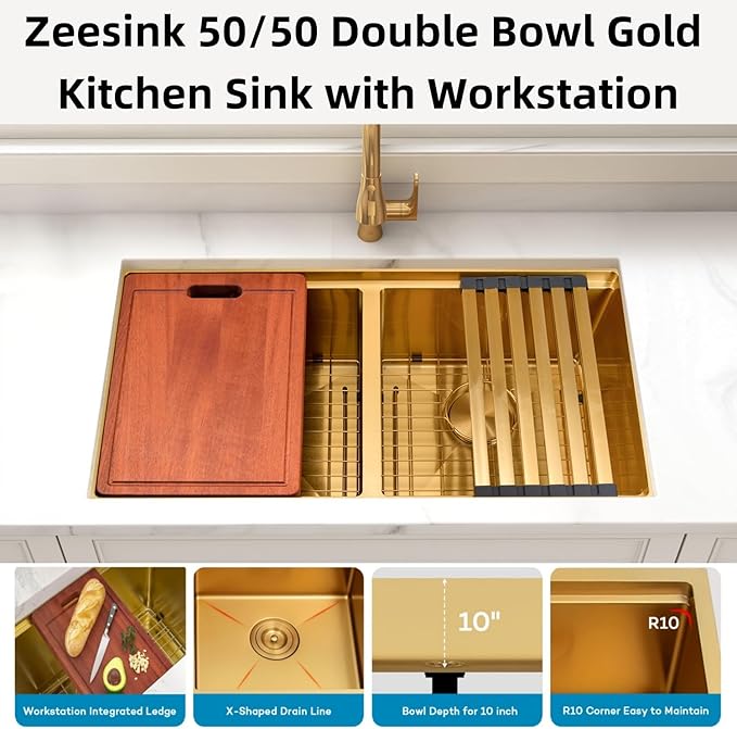 Double Bowl Kitchen Sink 30" X 18",Gold Kitchen Sink Undermount,16 Gauge Stainless Steel Double Bowl Sinks with Workstation