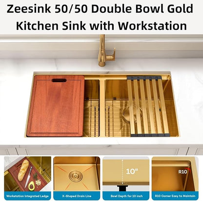 Double Bowl Kitchen Sink 30" X 18",Gold Kitchen Sink Undermount,16 Gauge Stainless Steel Double Bowl Sinks with Workstation