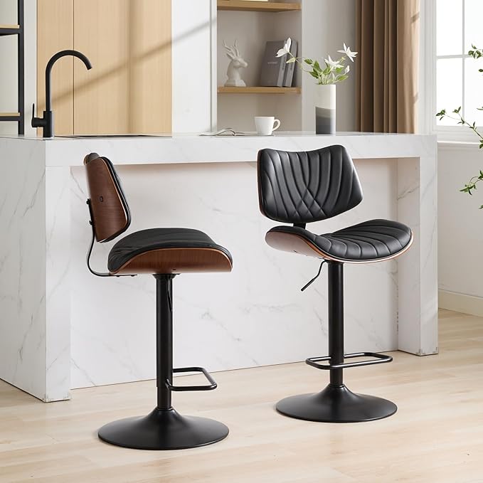 Modern Mid Century Adjustable Counter Height Leather Upholstered 360°Swivel Bar Chairs for Kitchen Island/Dining Room/Cafe, 2 Chair