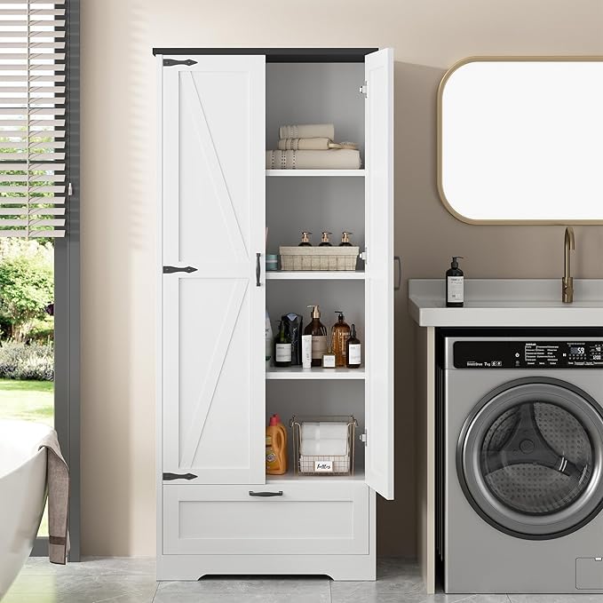 Shintenchi Kitchen Pantry Cabinet, Freestanding Farmhouse Storage Cabinet with 4 Shelves and 1 Drawer, Tall Cupboard for Kitchen, Living Room, Dining Room and Bathroom, White