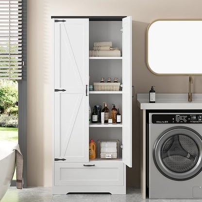 Shintenchi Kitchen Pantry Cabinet, Freestanding Farmhouse Storage Cabinet with 4 Shelves and 1 Drawer, Tall Cupboard for Kitchen, Living Room, Dining Room and Bathroom, White