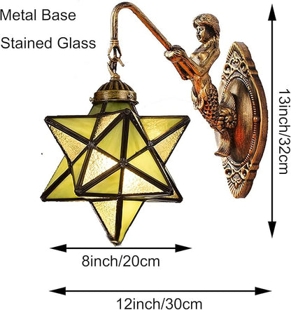 Moravian Star Wall Light with Tiffany Stained Glass Cover, Vintage Rustic Industrial Wall Sconce Retro Wall Mount Lamps Fixture 1-Light,Green