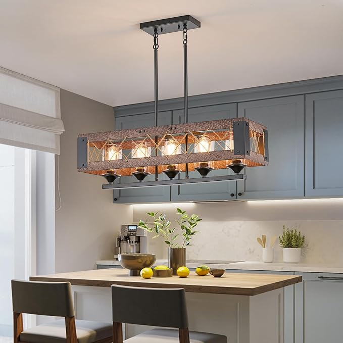 5-Light Farmhouse Chandelier for Dining Room, Rustic Wood Color Kitchen Island Lighting, Adjustable Height Chandelier for Kitchen