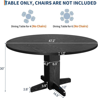 IDEALHOUSE Round Dining Table for 4-6 People, 47" Wood Kitchen Table with Sturdy Pedestal Base, Farmhouse Circle Dinner Tables for Dining Room, Living Room, Apartment, Black