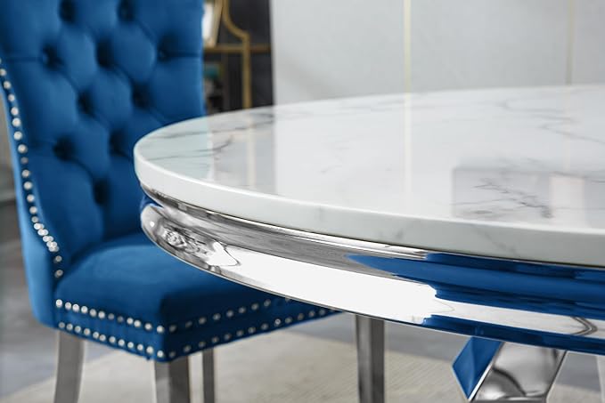 Round Marble Dining Table for 4 6，Modern 45" White Silver Kitchen Table with Faux Marble Top & Diamond Design Pedestal Base, American-Style Round Dining Room Dinner Table,Home Kitchen Furniture