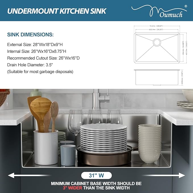 28 Inch Undermount Kitchen Sink - 28x18 Stainless Steel Kitchen Sink T304 18 Gauge Undermount Sinks Single Bowl Handmade Sinks Under the Counter, 9" Deep