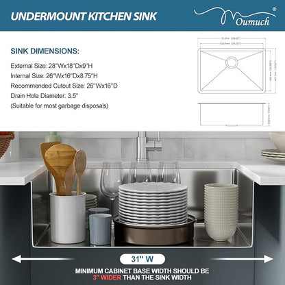 28 Inch Undermount Kitchen Sink - 28x18 Stainless Steel Kitchen Sink T304 18 Gauge Undermount Sinks Single Bowl Handmade Sinks Under the Counter, 9" Deep