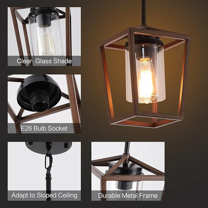 SGLfarmty Pendant Lights for Kitchen Island, 7 Inch Farmhouse Lantern Hanging Light with Clear Glass Shade, Adjustable Height Ceiling Light Fixture Fits Sloped Ceiling for Dining Room Bar Entryway