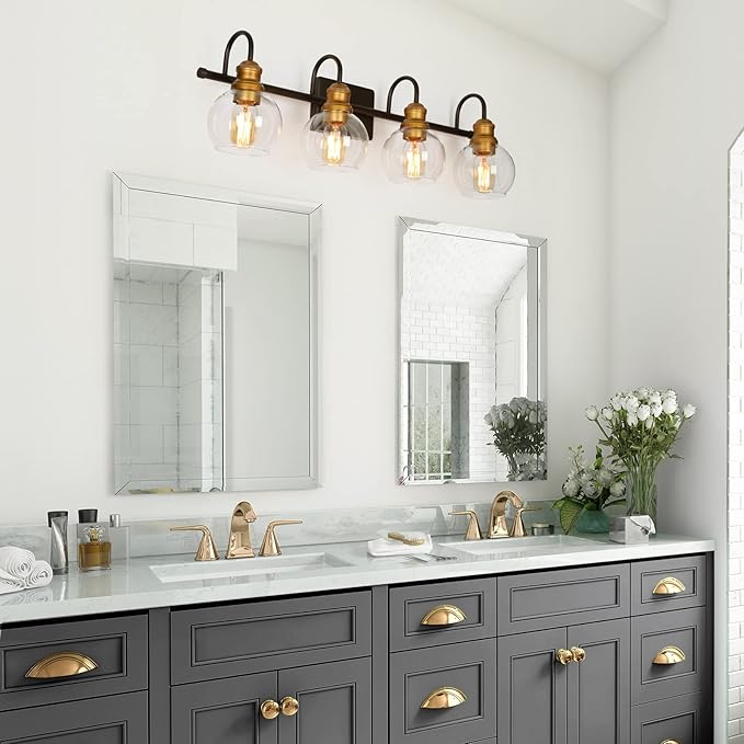 LALUZ Bathroom Vanity Light, 4-Light Black Bathroom Light Fixtures with Oil Rubbed Bronze Finish, Modern Farmhouse Vanity Lights with Clear Globe Glass Shade (L 29.5" x W 7" x H 9")