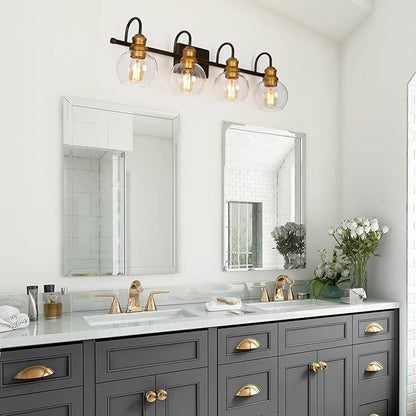 LALUZ Bathroom Vanity Light, 4-Light Black Bathroom Light Fixtures with Oil Rubbed Bronze Finish, Modern Farmhouse Vanity Lights with Clear Globe Glass Shade (L 29.5" x W 7" x H 9")