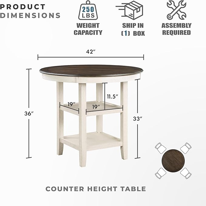 Lexicon 42-Inch Dia. Round Counter Height Table for 4 People, Counter Height Dining Table with Storage Base, Acacia Veneer, Wood Frame, for Home/Kitchen/Dining Room, Brown/Antique White
