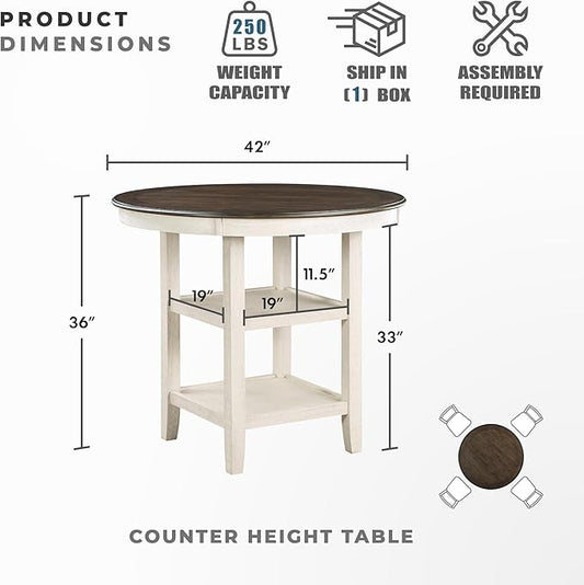 Lexicon 42-Inch Dia. Round Counter Height Table for 4 People, Counter Height Dining Table with Storage Base, Acacia Veneer, Wood Frame, for Home/Kitchen/Dining Room, Brown/Antique White