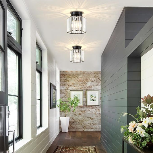 TOULMJ 2 Pack Crystal Semi Flush Mount Ceiling Light, Hallway Light Fixture Modern Black Kitchen Lighting Fixtures Close to Ceiling Lights for Bathroom Entryway Bedroom Foyer Laundry Room