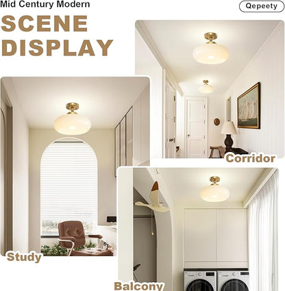 Mid Century Modern Semi Flush Mount Ceiling Light Fixture, Gold Chandelier with 11.02" Milk White Glass Shade, Vintage Close to Ceiling Lamp for Hallway, Entryway, Bathroom, Closet