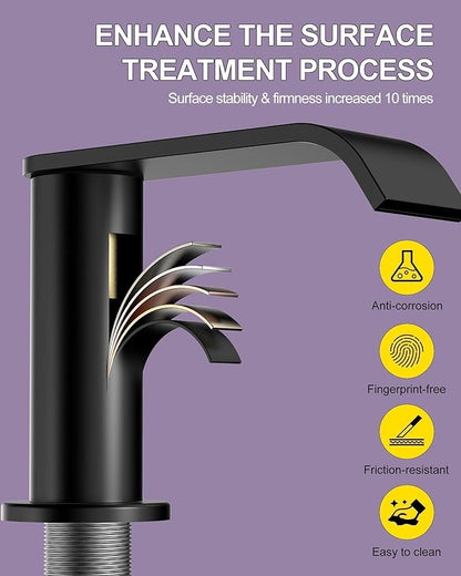 Homevacious Matte Black Waterfall Bathroom Faucet for Sink 3 Hole 8 Inch Widespread Bathroom Sink Faucets with Pop-up Drain Supply Lines Stainless Steel 2-Handle Bathroom Sink Faucet for Bath Vanity