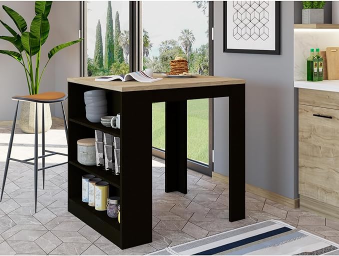 Kitchen Island Table, Two Legs, Three Side Shelves, Black/Pine