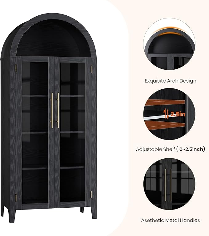 GarveeHome Arched Kitchen Pantry Cabinet - Farmhouse 5 Tier Display Shelf with Adjustable Shelf and 2 Large Glass Doors, Versatile Storage Cupboard for Kitchen, Dining Room, Living Room, Black