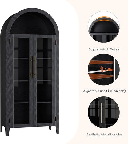 GarveeHome Arched Kitchen Pantry Cabinet - Farmhouse 5 Tier Display Shelf with Adjustable Shelf and 2 Large Glass Doors, Versatile Storage Cupboard for Kitchen, Dining Room, Living Room, Black