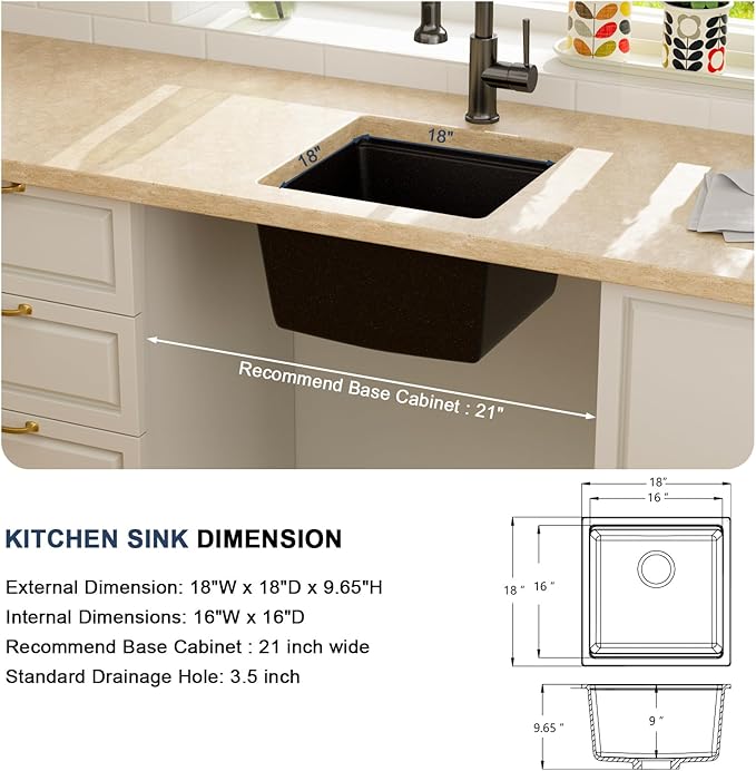 Lordear 18 Inch Black Granite Composite Kitchen Sink Workstation 18x18 Matte Black Undermount Quartz Sinks Under Counter Single Bowl Sink with Black Accessories