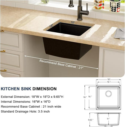 Lordear 18 Inch Black Granite Composite Kitchen Sink Workstation 18x18 Matte Black Undermount Quartz Sinks Under Counter Single Bowl Sink with Black Accessories