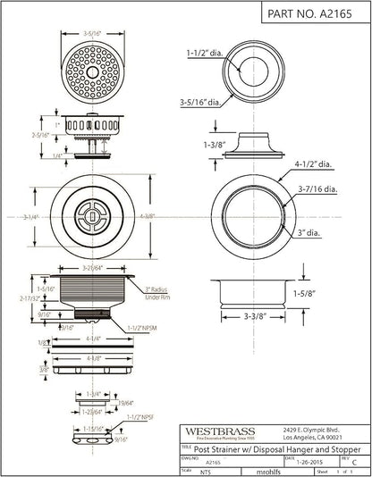 Westbrass A2165-01 4-1/4" OD Post Style Large Kitchen Basket Strainer with Waste Disposal Flange and Stopper Drain Set, Polished Brass