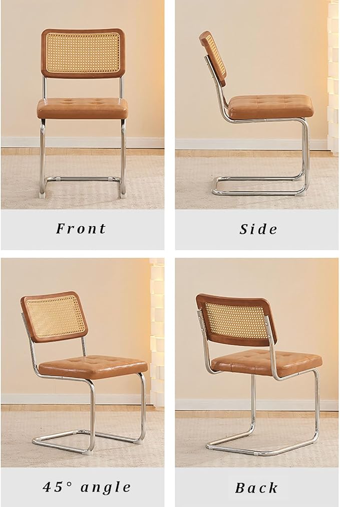 2/4 Pack Faux Leather Dining Chairs, Mid-Century Modern Kitchen Side Chairs with Rattan Back and Non-Slip Metal Legs, Upholstered Armless Chair for Dining Kitchen Island(Set of 2, Walnut A)