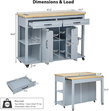 Kitchen Island with Extendable Dining Table,Rubber Wood Veneer Table with Internal Storage Rack, Power Outlet,with Storage 2 Drawers 2 Cabinet(Grey+Blue@027)