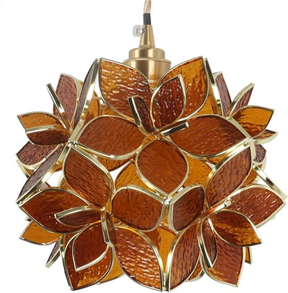 Bieye L11009 Petals Tiffany Style Stained Glass Ceiling Pendant Light for Home Decoration (Textured Amber, 8" Rose Lily)