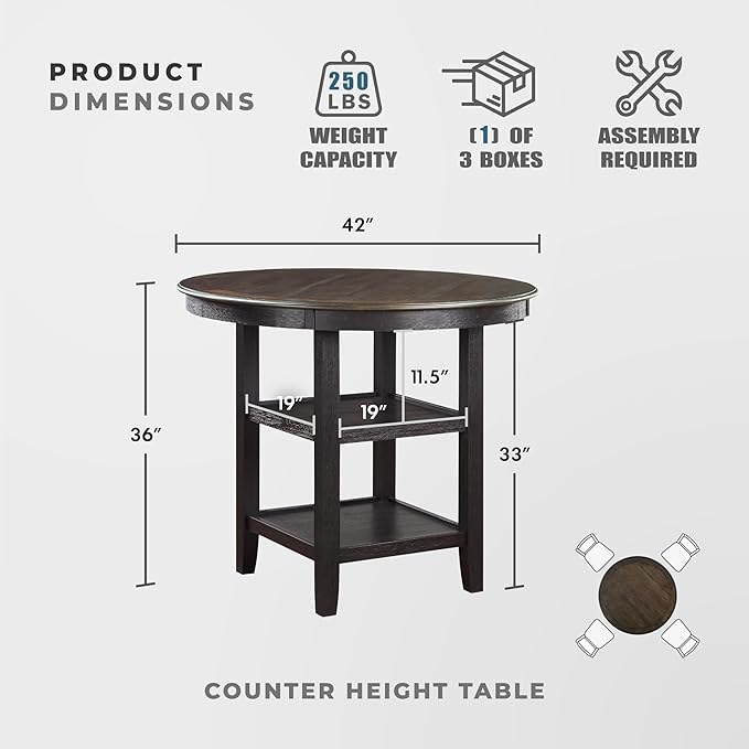 Lexicon Braun 5 Piece Counter Height Dining Table Set, Counter Height Dining Room Set for 4, Including 1 Round Kitchen Table and 4 Beige Fabric Upholstered Chairs, Brown/Black