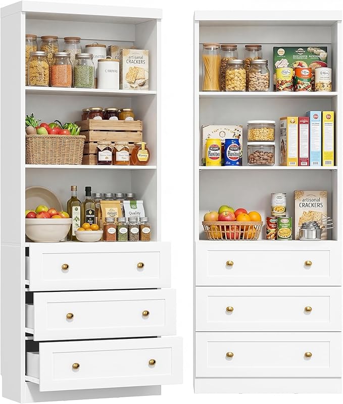 Cyclysio 80" Kitchen Pantry Cabinet with 3 Drawers, Tall Storage Cabinet Wood Food Pantry with Thickened Top Panel and Adjustable Shelves, Versatile Cupboard for Kitchen, Dining Room (2, White)
