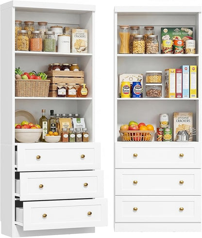 Cyclysio 80" Kitchen Pantry Cabinet with 3 Drawers, Tall Storage Cabinet Wood Food Pantry with Thickened Top Panel and Adjustable Shelves, Versatile Cupboard for Kitchen, Dining Room (2, White)