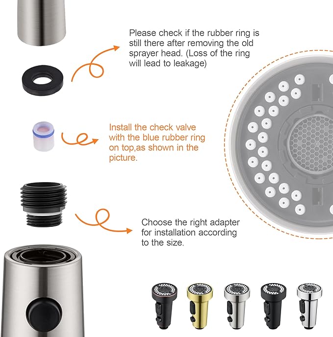 TIORIY Pull Down Spray Head Replacement - for Kitchen Faucet Sprayer Head with 15 Adapters, 3 Function Pull Out Faucet Spray Nozzle, Brushed Nickel