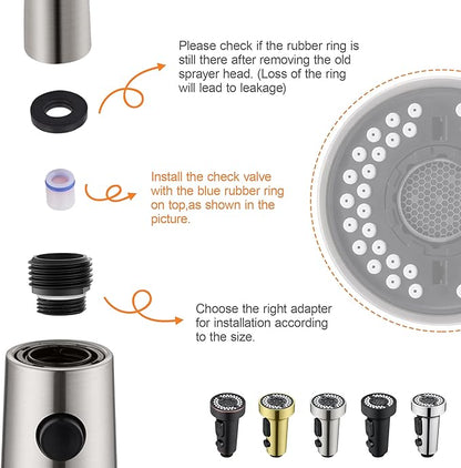TIORIY Pull Down Spray Head Replacement - for Kitchen Faucet Sprayer Head with 15 Adapters, 3 Function Pull Out Faucet Spray Nozzle, Brushed Nickel