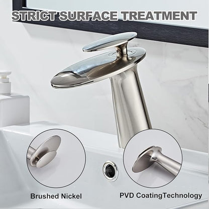 Wovier Brushed Nickel Waterfall Bathroom Sink Faucet,Single Handle Single Hole Brass Lavatory Vanity Faucet,Slanted Body Basin Mixer Tap with Supply Hose and Pop Up Drain Assembly