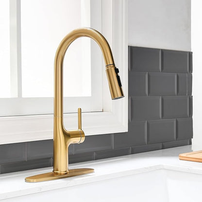 Brushed Gold Kitchen Faucet, Single Handle Gold Kitchen Sink Faucet with Pull Down Sprayer Modern Stainless Steel Brass Gold Faucet with Deck Plate 3-Function Spray Head 1 or 3 Hole