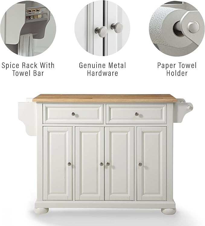 Crosley Furniture Alexandria Wood Top Rolling Kitchen Island Storage Cart, Microwave Stand, Spice Rack, White