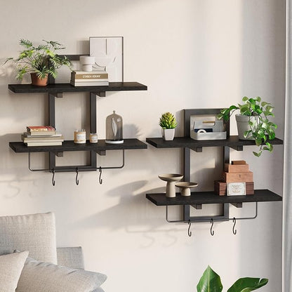 Creso hom Floating Shelves, 15" Wall Shelf Set of 2, Hanging Bathroom Shelves 2-Tier, Wall Mounted Storage Shelves, for Living Room Bedroom Bathroom Kitchen Office Coffee Bar, Black