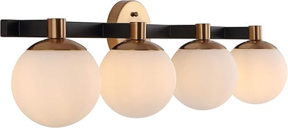 JONATHAN Y 34" Brass Gold/Black Modern Globe LED Vanity Wall Sconce Light, White Frosted Glass Shade, Mid-Century Art Deco Wall Lamp for Bathroom, Kitchen, Hallway (JYL3543A)