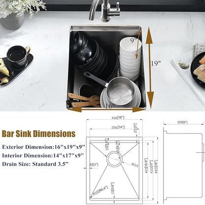 16 Inch Undermount Bar Sink Workstation,16x19 Small Kitchen Sink Bar Sinks Undermount 18 Gauge Stainless Steel Single Bowl Kitchen Prep Wet Bar Sinks with Cutting Board