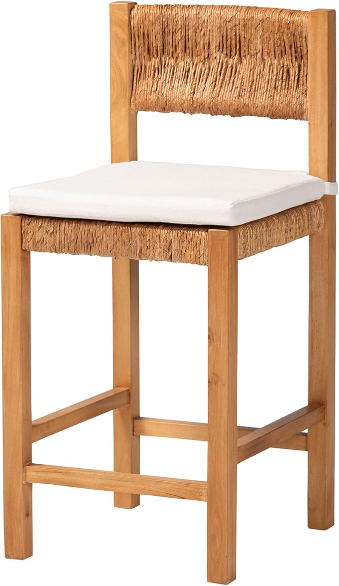 Bali & pari Pava Woven Seagrass Counter Stool - Solid Mahogany Wood Stool with Textured Back, Coastal Boho Seating for Kitchen Island, Counter Height