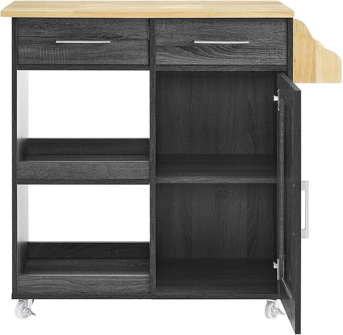 Modway Culinary Rolling Kitchen Cart with Storage in Charcoal Natural - 3 Tiers Kitchen Island on Wheels with Spice Rack, Functional as a Coffee Station, Bar Cabinet or Butcher Block Island
