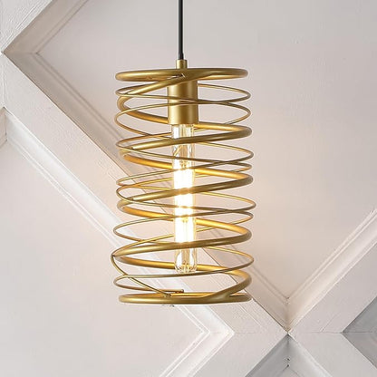 JONATHAN Y 7.25" Gold 1-Light Modern Iron Spiral LED Pendant Light for Kitchen Island, Glam Hanging Ceiling Fixture for Bedroom Dining Room, Metal Painting Shade, LED Bulb Included JYL7910A