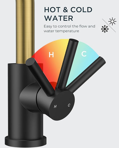 FORIOUS Black and Gold Bathroom Sink Faucet 1 or 3 Hole with Metal Pop Up Drain and Hoses, Single Handle Vanity Faucet for Bathroom Vanity Bar Kitchen RV, 360° Swivel High Arc Spout