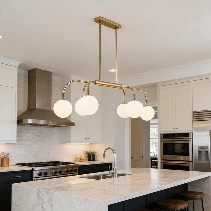 LamQee 41 Inch Mid Century Modern Linear Chandelier, 6 Lights Milk Glass Globe Chandeliers Light Fixture with Gold and White Ball, Large Pendant Lighting Ceiling Hanging for Dining Room Kitchen Island