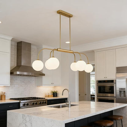 LamQee 41 Inch Mid Century Modern Linear Chandelier, 6 Lights Milk Glass Globe Chandeliers Light Fixture with Gold and White Ball, Large Pendant Lighting Ceiling Hanging for Dining Room Kitchen Island
