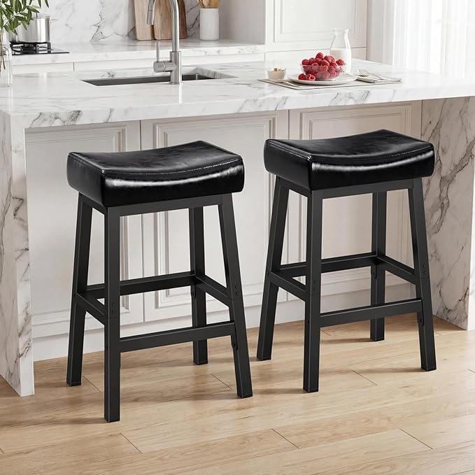 WINAZ Modern Backless Bar Stools Set of 2, 24 Inch Counter Height Stools with Footrest, Matte Finish Metal Legs, Padded Faux Leather Kitchen Island Chairs, Space Saving Stationary Design, Black
