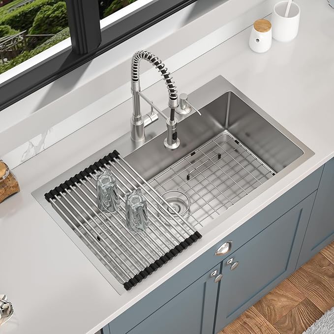 33 Inch Drop In Kitchen Sink - Mocoloo 33 x 19 Inch Stainless Steel Kitchen Sinks Topmount 16 Gauge Single Bowl Above Counter Handmade, 33''x19''x10'' Kitchen Sink Drop In with Offset Drainer