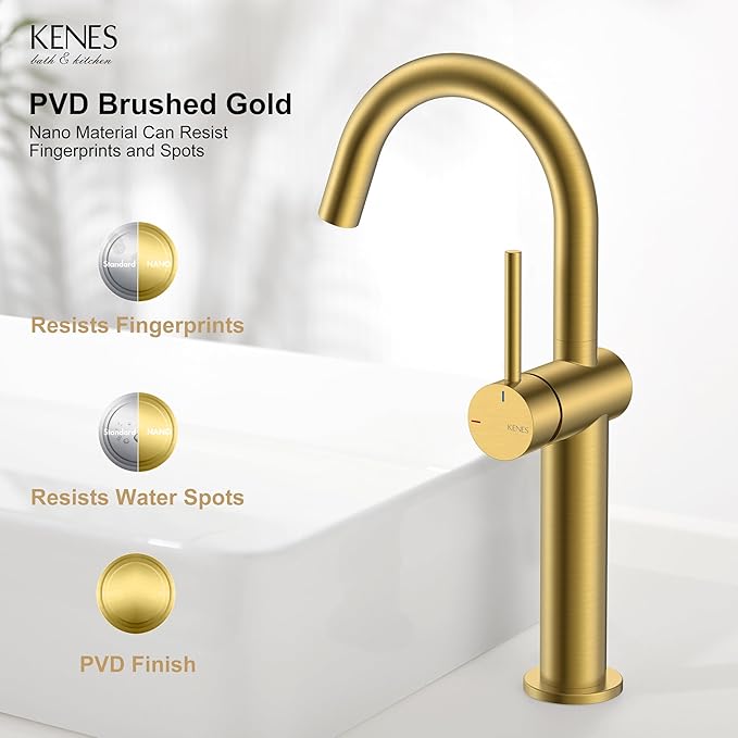 KENES Brushed Gold Tall Bathroom Faucet, Single Handle Vessel Sink Faucet Single Hole, Modern Bathroom Vanity Faucet with Pop Up Drain and Supply Lines, KE-9005C-4