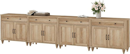 WAMPAT Large Buffet Cabinet with 8 Doors and 4 Drawers, Modern Coffee Bar Table Wood Kitchen Storage Cabinets, Farmhouse Sideboard Credenza for Dining Room, Oak, 134 inch
