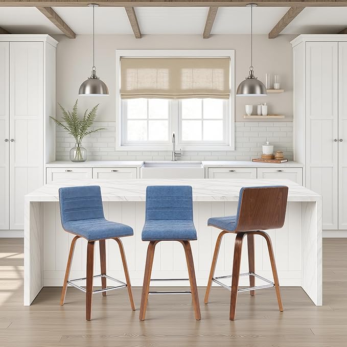 Armen Living Vienna Modern Swivel 26" Counter Height Barstool with Vintage Blue Faux Leather and Walnut Wood Finish